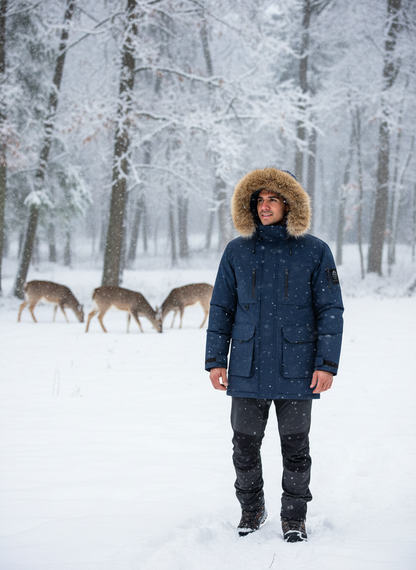 Men's fur hooded parka in snowy forest with deer