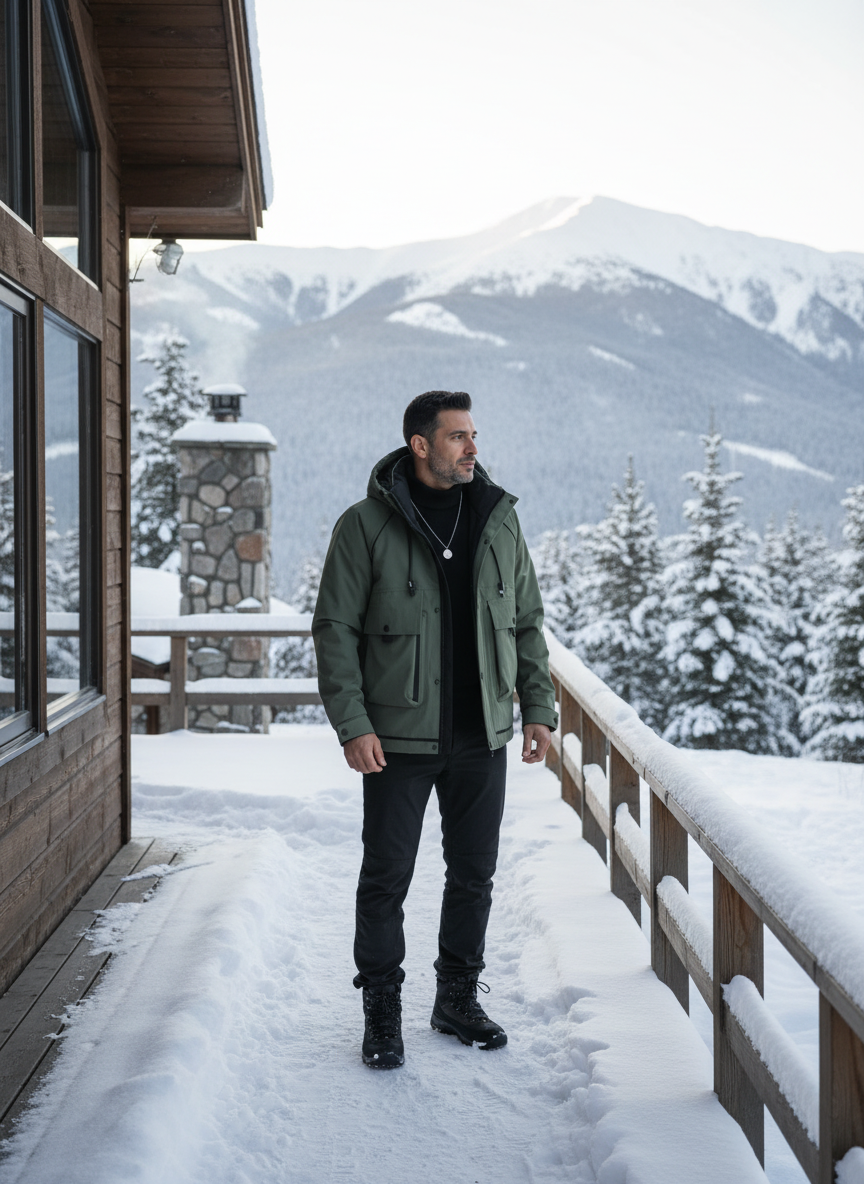 Men's hooded padded jacket at winter cabin porch - Middle Eastern man