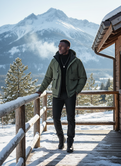 Men's hooded padded jacket at winter cabin porch