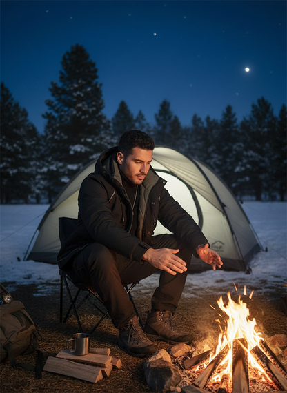 Men's hooded padded jacket at winter campfire