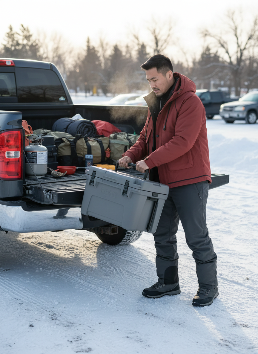 Men's hooded padded jacket loading truck with camping gear