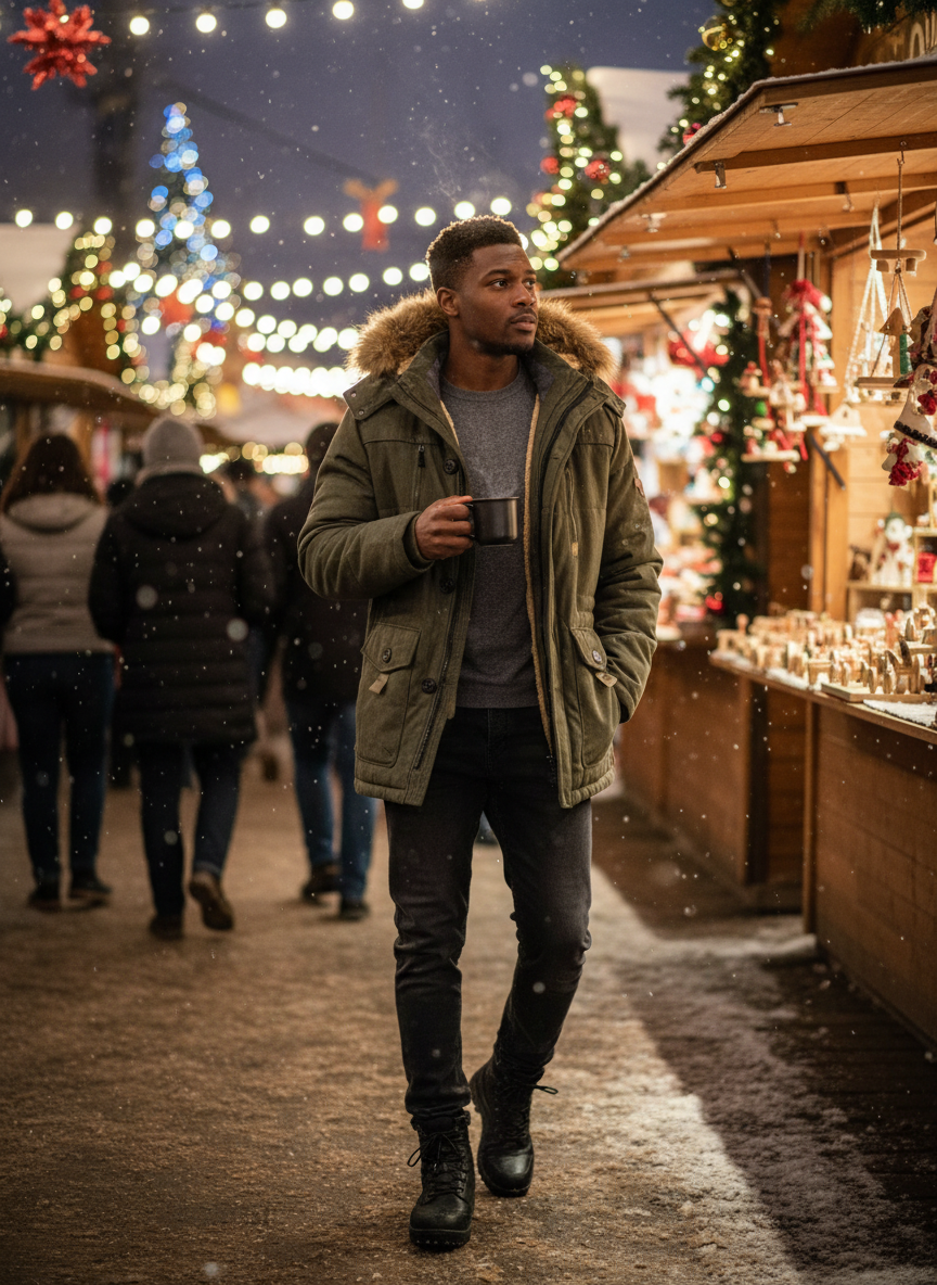 Men's parka coat at Christmas village market