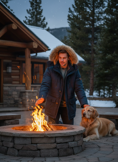 Men's parka coat by mountain cabin firepit with dog