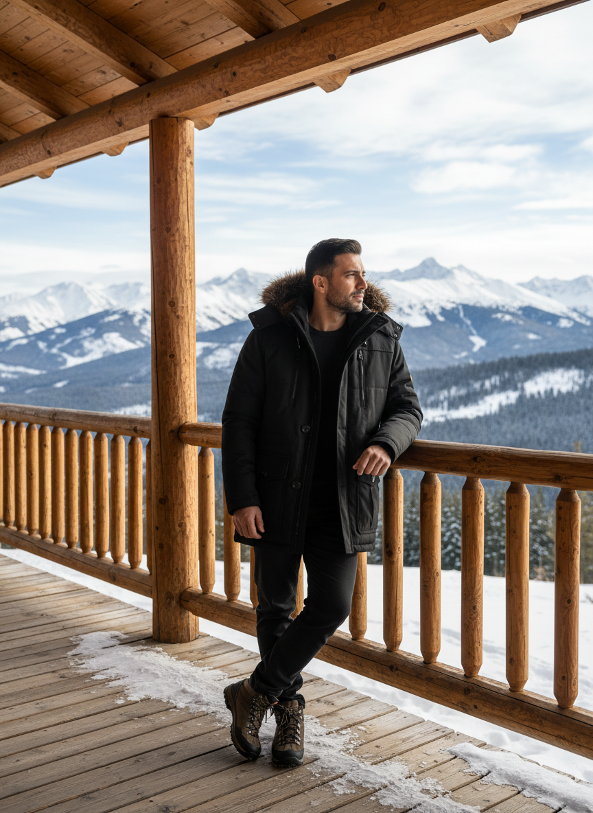 Men's parka coat on cabin porch with mountain views