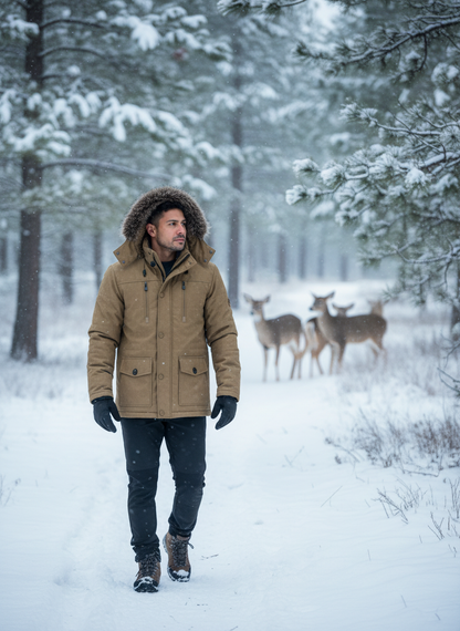 Men's parka coat on snowy forest trail with deer
