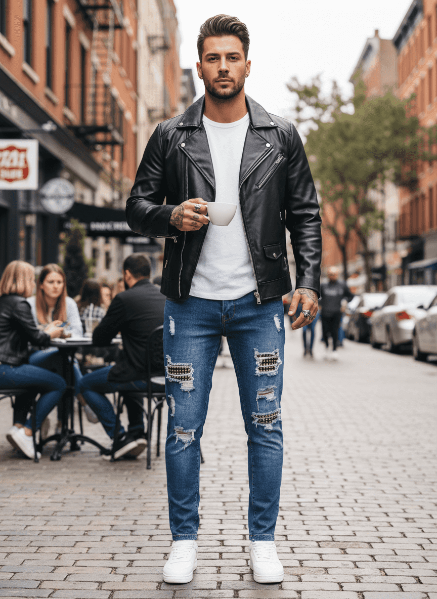 Men's Distressed Jeans - Studded Slim Fit Stretch Denim - Fashions Envy