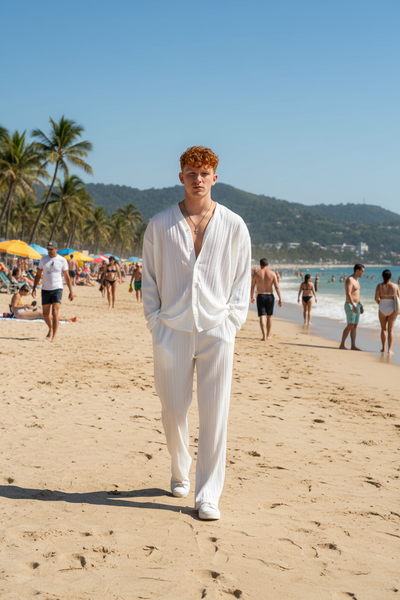 Men's Textured Button Up Shirt and Pants Set - White - Beach Scene