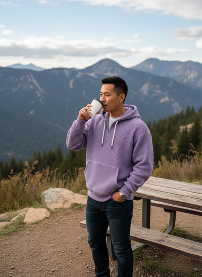 Waffle Knit Half-Zip Hoodie Men - Textured Cotton Blend - Fashions Envy