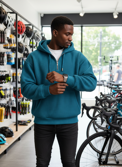 Waffle Knit Half-Zip Hoodie Men - Textured Cotton Blend - Fashions Envy