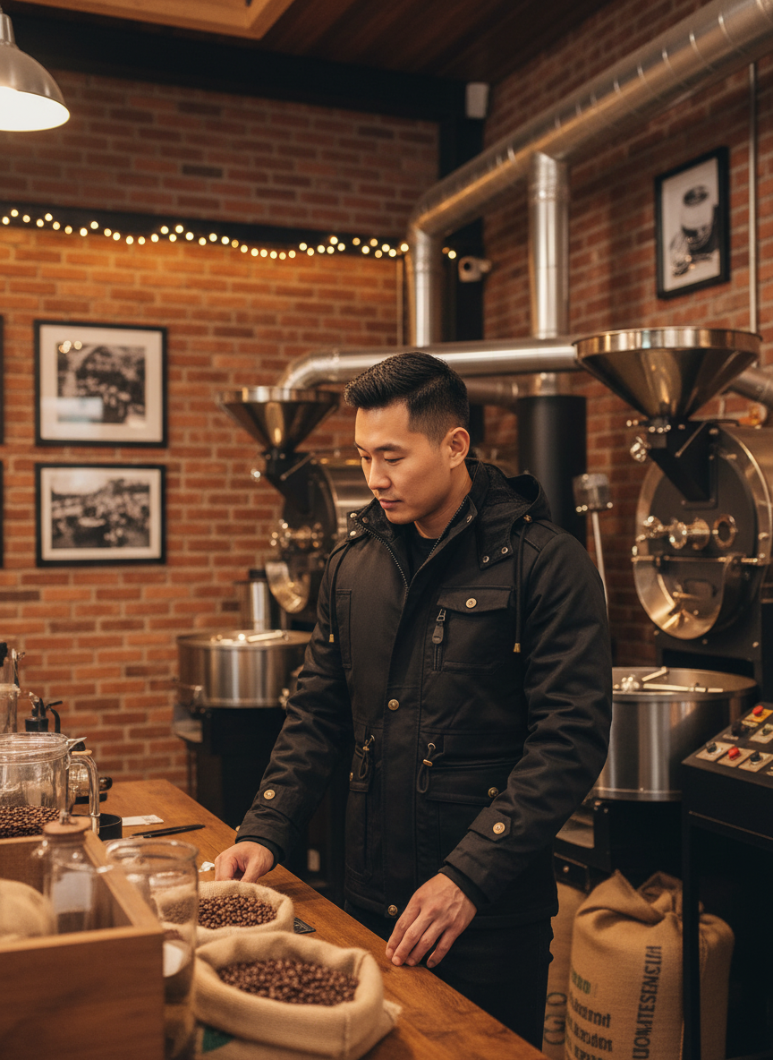 Men's zip-up jacket at coffee roastery