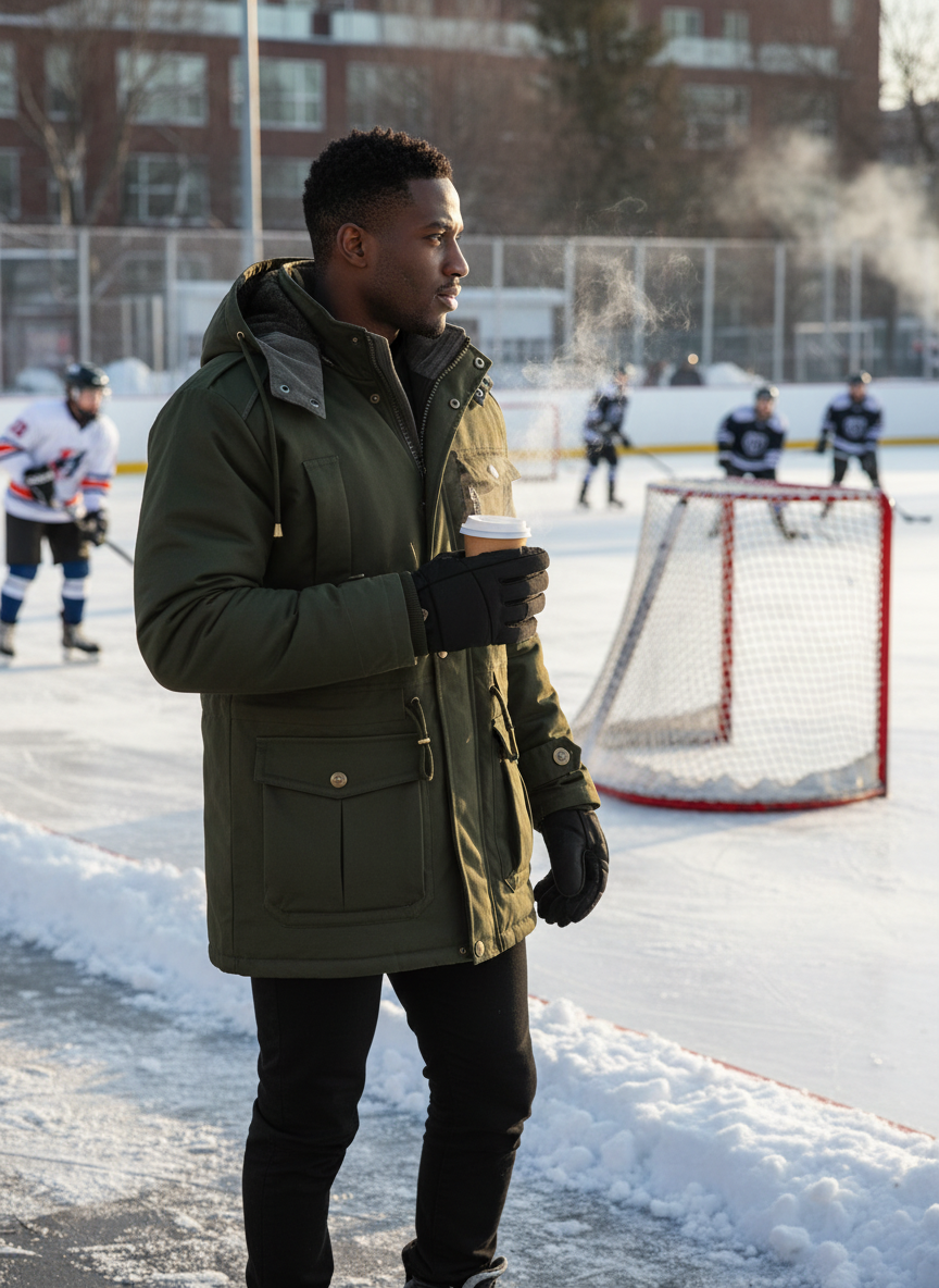 Men's zip-up jacket at outdoor hockey rink