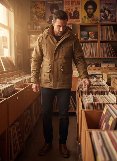 Men's zip-up jacket at vintage record store