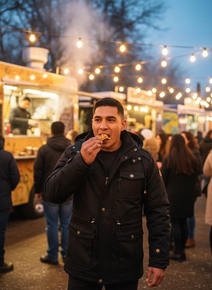 Men's zip-up jacket at winter food truck festival