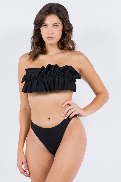 Mermaid Swimwear Black Ruffle bandeau bikini top with matching black high-cut bottoms