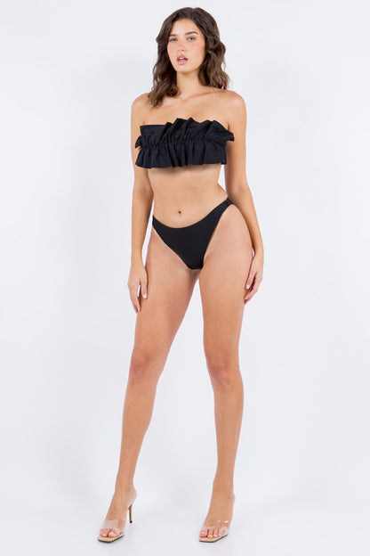 Mermaid Swimwear Black Ruffle strapless bikini with high-cut bottoms worn by model