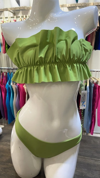 Green bikini set displayed on mannequin featuring ruffle top and matching bottom by Mermaid Swimwear Black Ruffle