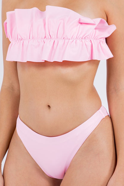 Mermaid Swimwear Black Ruffle bandeau bikini top with pink ruffled design