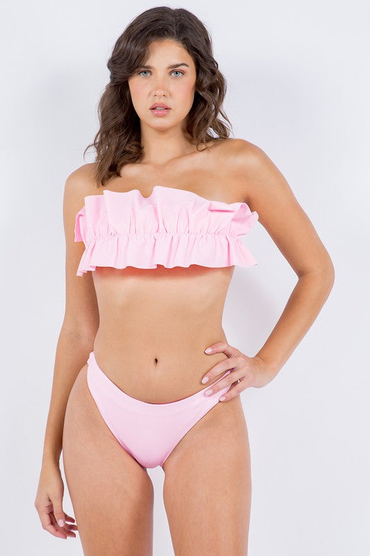Mermaid Swimwear Black Ruffle strapless bikini top with ruffle detailing in light pink