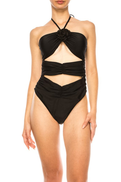 Mermaid Swimwear Floral Wrap black cutout one-piece swimsuit with halter neck and ruched detailing