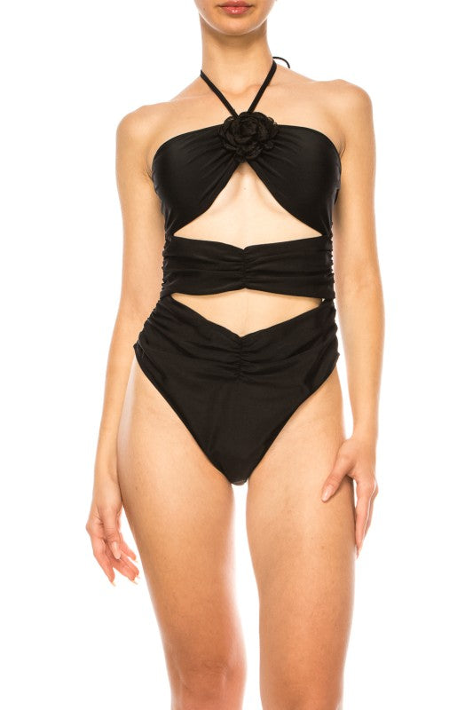 Mermaid Swimwear Floral Wrap black cutout one-piece swimsuit with halter neck and ruched detailing