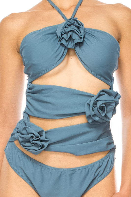 Mermaid Swimwear Floral Wrap blue bikini with floral fabric accents and wrap design