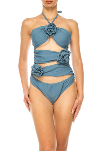 Mermaid Swimwear Floral Wrap blue bikini with flower details and wraparound design for beachwear