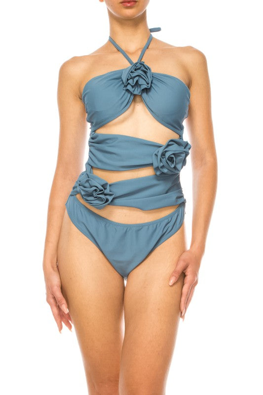 Mermaid Swimwear Floral Wrap blue bikini with floral accents and wraparound design