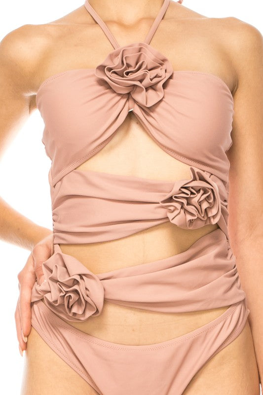 Mermaid Swimwear Floral Wrap light pink swimsuit with floral fabric details on chest and waist