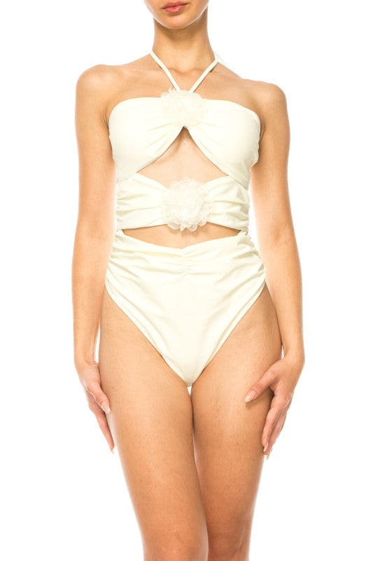 Mermaid Swimwear Floral Wrap white halter bikini set with floral accents and high-waist bottoms