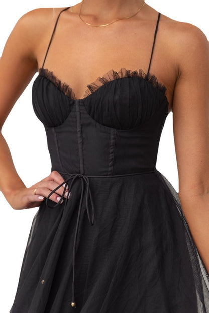 CJ Mesh Party Evening Dress in Black with Tulle Detail and Elegant Straps