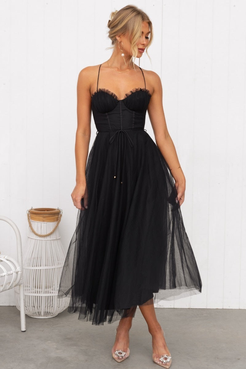 Elegant Mesh Party Evening Dress featuring a fitted bodice and tulle skirt, perfect for formal occasions