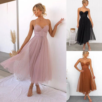 Mesh Party Evening Dress in three colors with a stylish tulle skirt and fitted bodice design