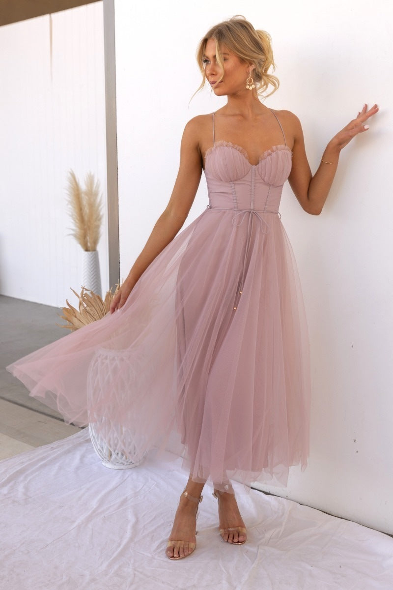 Elegant Mesh Party Evening Dress in Blush with a Sweetheart Neckline and Flowing Tulle Skirt