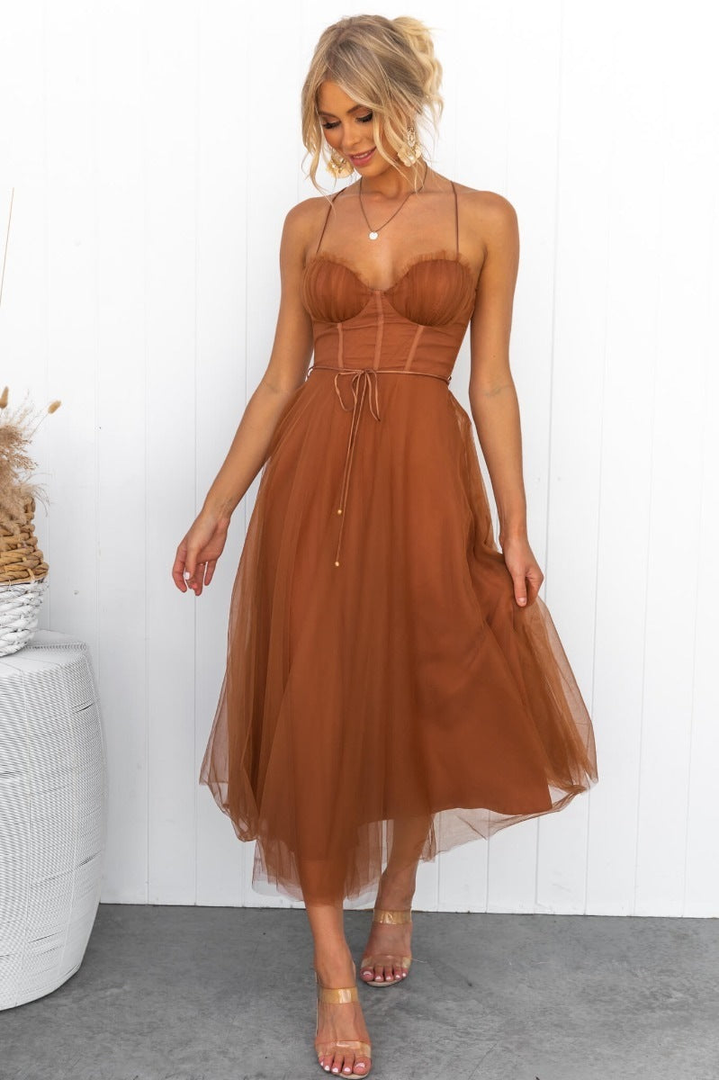 CJ Mesh Party Evening Dress in Brown with a Flowy Skirt and Adjustable Straps for Elegant Evenings
