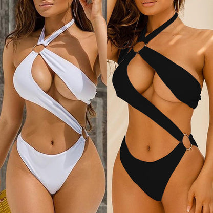 Trendsi metal ring strap bikini in white and black with halter neck and cutout design