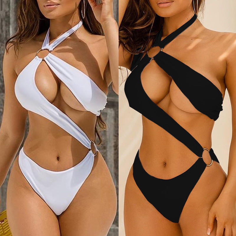Trendsi metal ring strap bikini in white and black with halter neck and cutout design