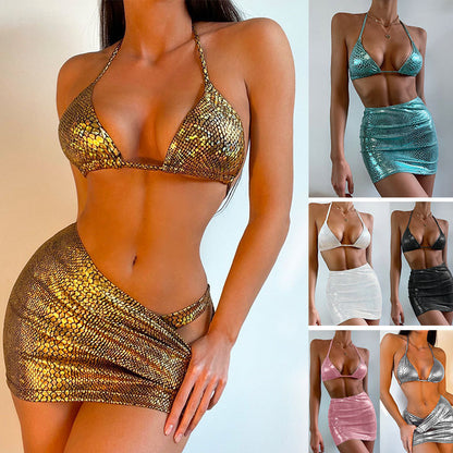 Trendsi Metallic Three-Piece Bikini Swimsuit available in gold, teal, white, black, pink, and silver colors