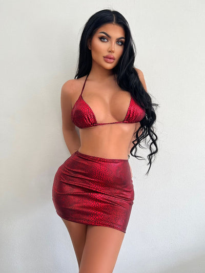 Trendsi Metallic Three-Piece Bikini Swimsuit in shiny red with halter top and matching skirt