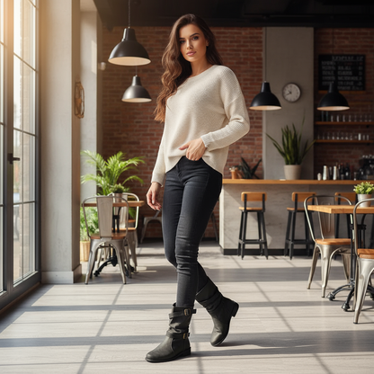 Mid-calf buckle strap boots urban cafe lifestyle