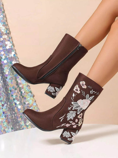 Floral Embroidered Block Heel Boots - Mid Heel PU Leather Boots - Fashions Envy