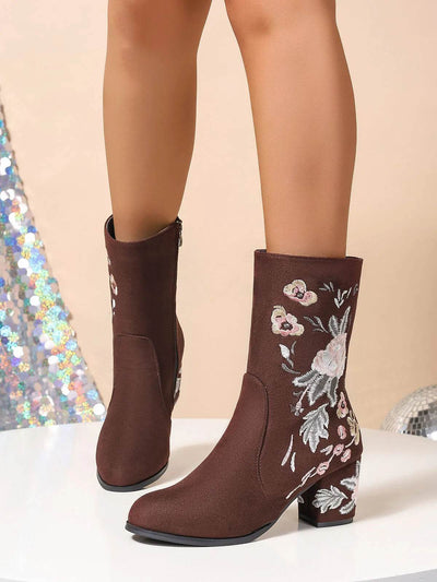 Floral Embroidered Block Heel Boots - Mid Heel PU Leather Boots - Fashions Envy