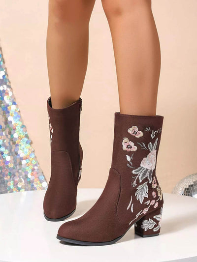 Floral Embroidered Block Heel Boots - Mid Heel PU Leather Boots - Fashions Envy