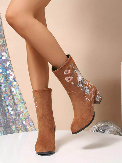Floral Embroidered Block Heel Boots - Mid Heel PU Leather Boots - Fashions Envy