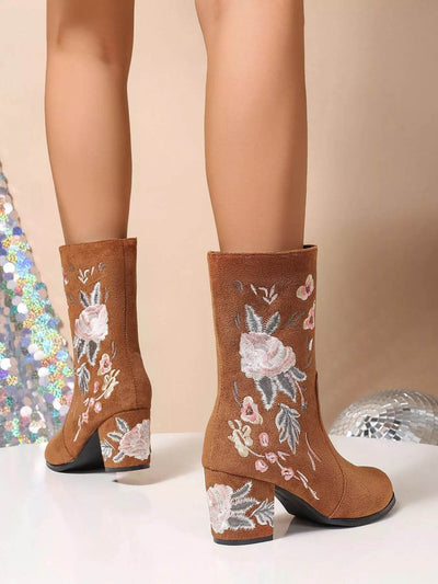Floral Embroidered Block Heel Boots - Mid Heel PU Leather Boots - Fashions Envy