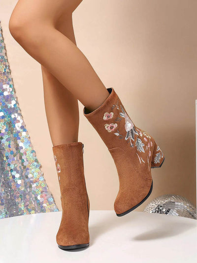Floral Embroidered Block Heel Boots - Mid Heel PU Leather Boots - Fashions Envy