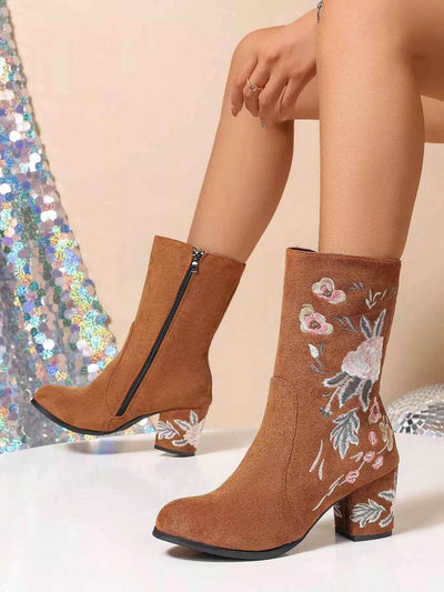Floral Embroidered Block Heel Boots - Mid Heel PU Leather Boots - Fashions Envy