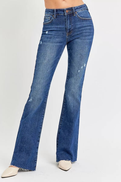 Trendsi Mid Rise Flare Jeans in Dark Wash with Light Distressing and Flared Hem