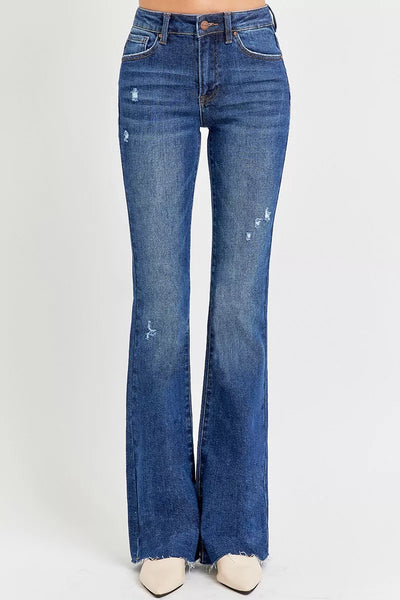 Trendsi Mid Rise Flare Jeans in Light Wash with Distressed Details and a Flared Hem