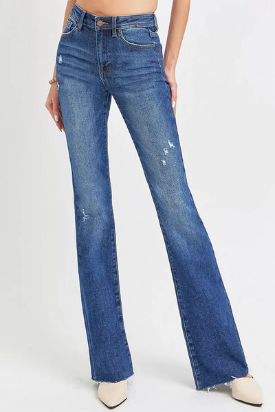 Trendsi Mid Rise Flare Jeans in Blue Wash with Distressed Details for a Stylish Look