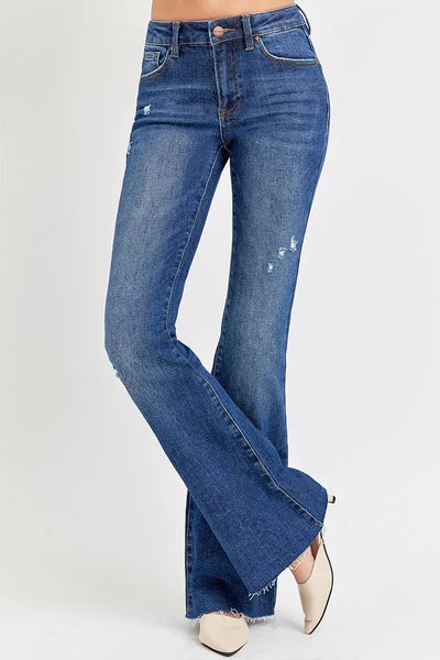 Trendsi Mid Rise Flare Jeans in distressed blue denim with a stylish flared leg design